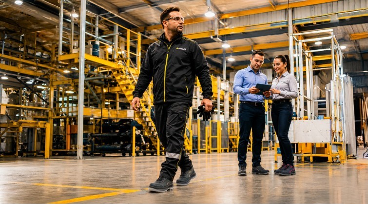 Colaborador de Cliff and Company caminando en planta industrial